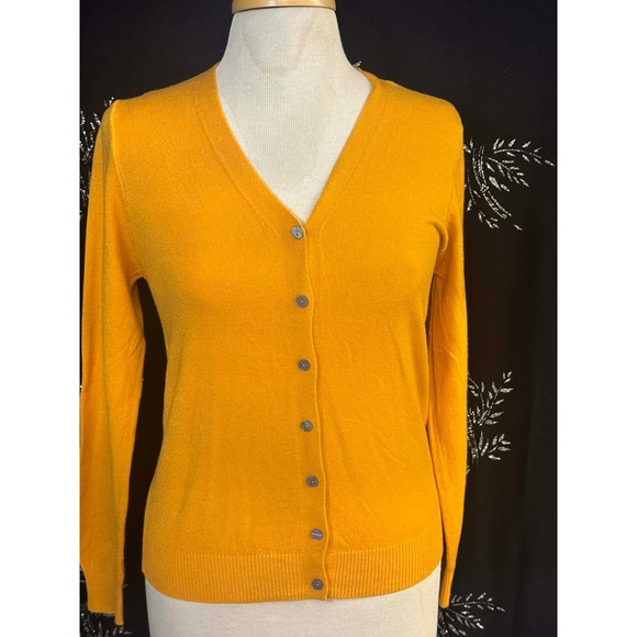 Sweaters - Mustard Yellow V-Neck Button Down Cardigan‎ Sweater Ribbed Knit Trim Womens